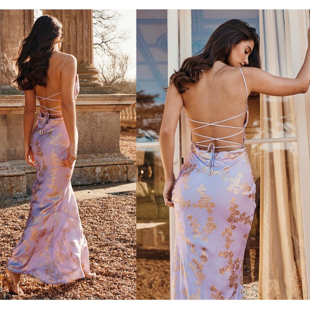 HOUSE OF CB‎ 'Capriana' Orchid Jacquard Satin Gown NWOT metallic gold purple M - Picture 3 of 13